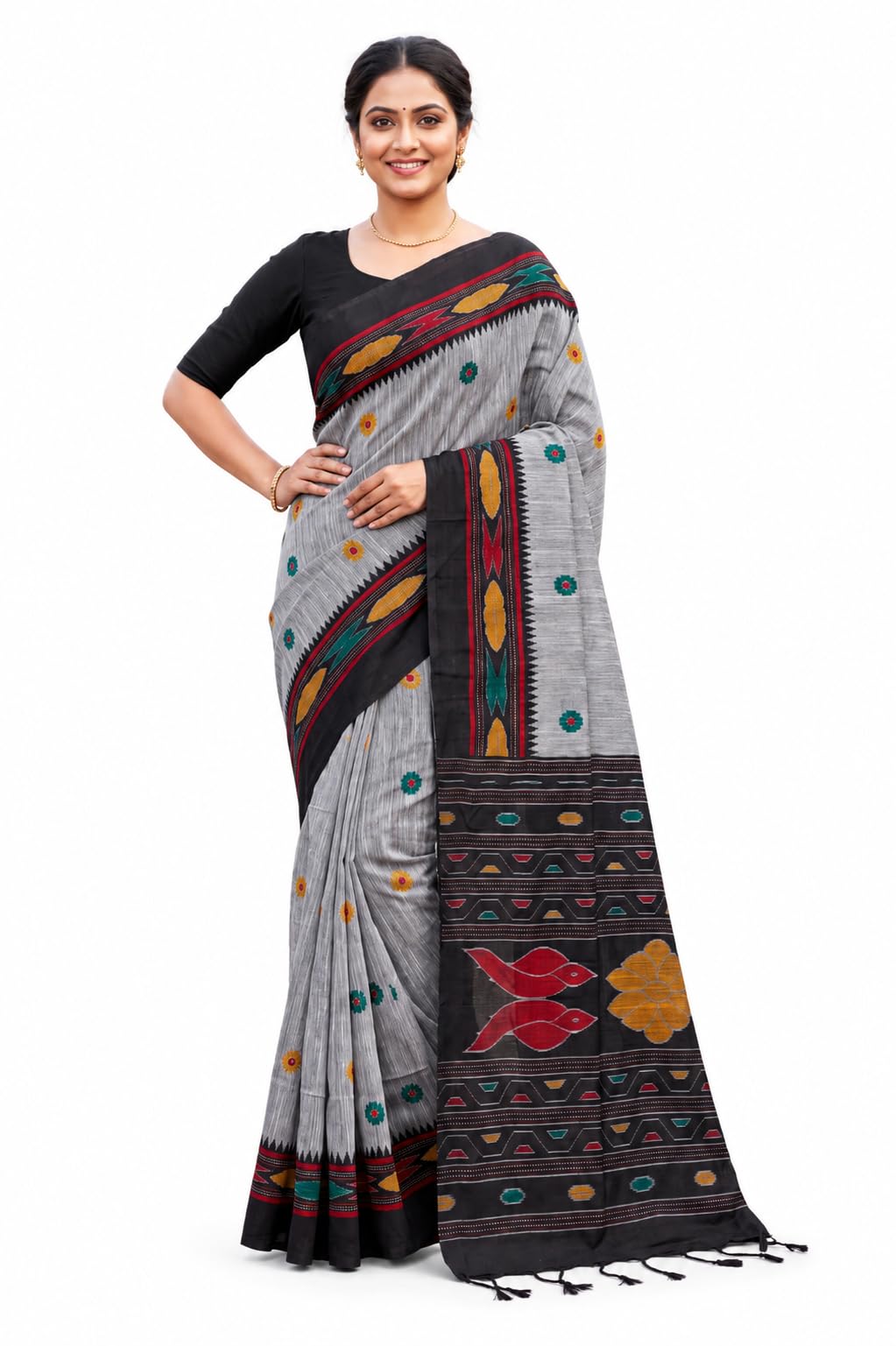 Quetzal Women's Handloom Pure Cotton Pochampally Ikkat Printed Saree With Blouse Piece-picture-18