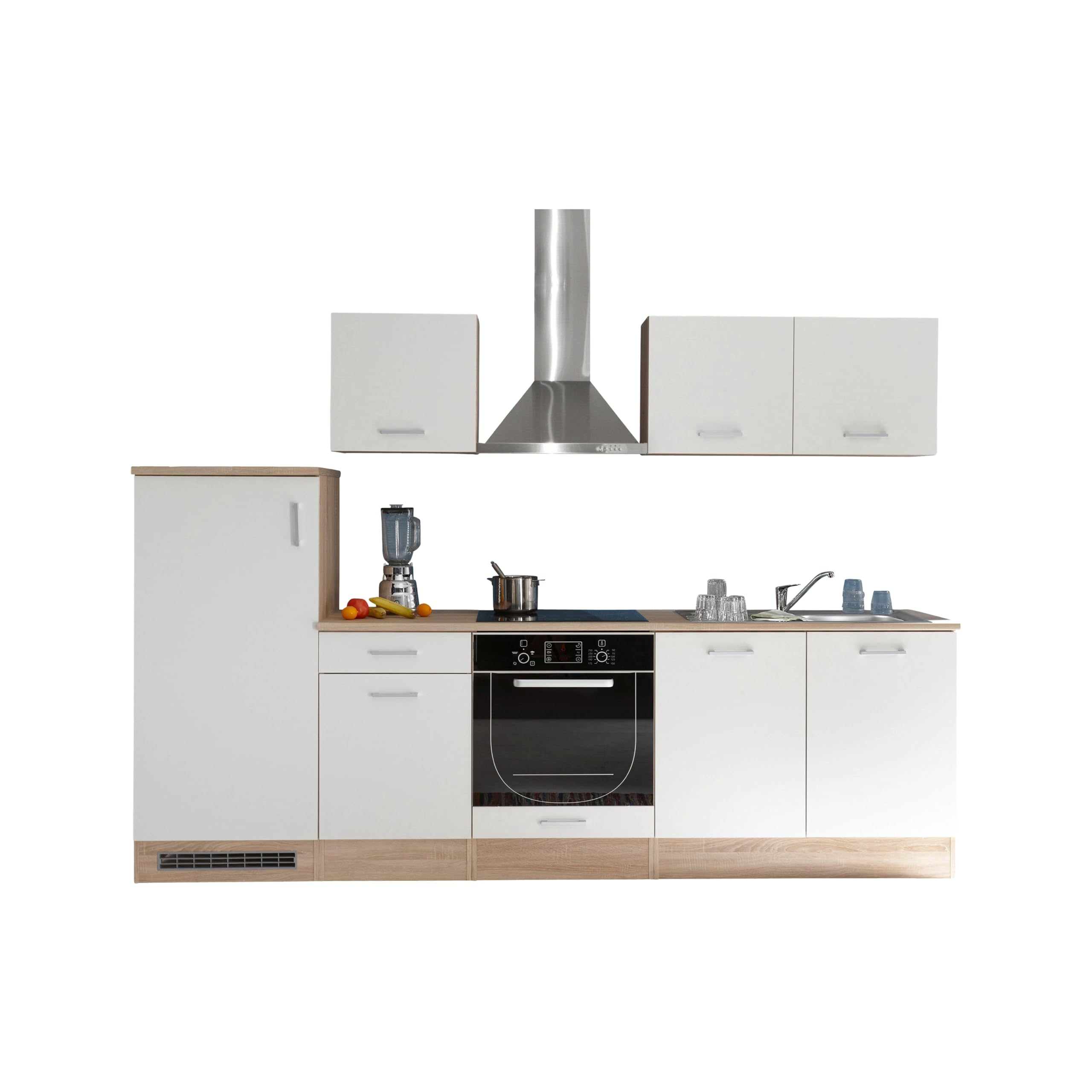 Stella Trading ANDY Moderne Küchenzeile ohne Elektrogeräte Eiche Sonoma Optik, Weiß matt - Geräumige Einbauküche mit viel Stauraum - 270 x 195 x 60 cm (B/H/T)