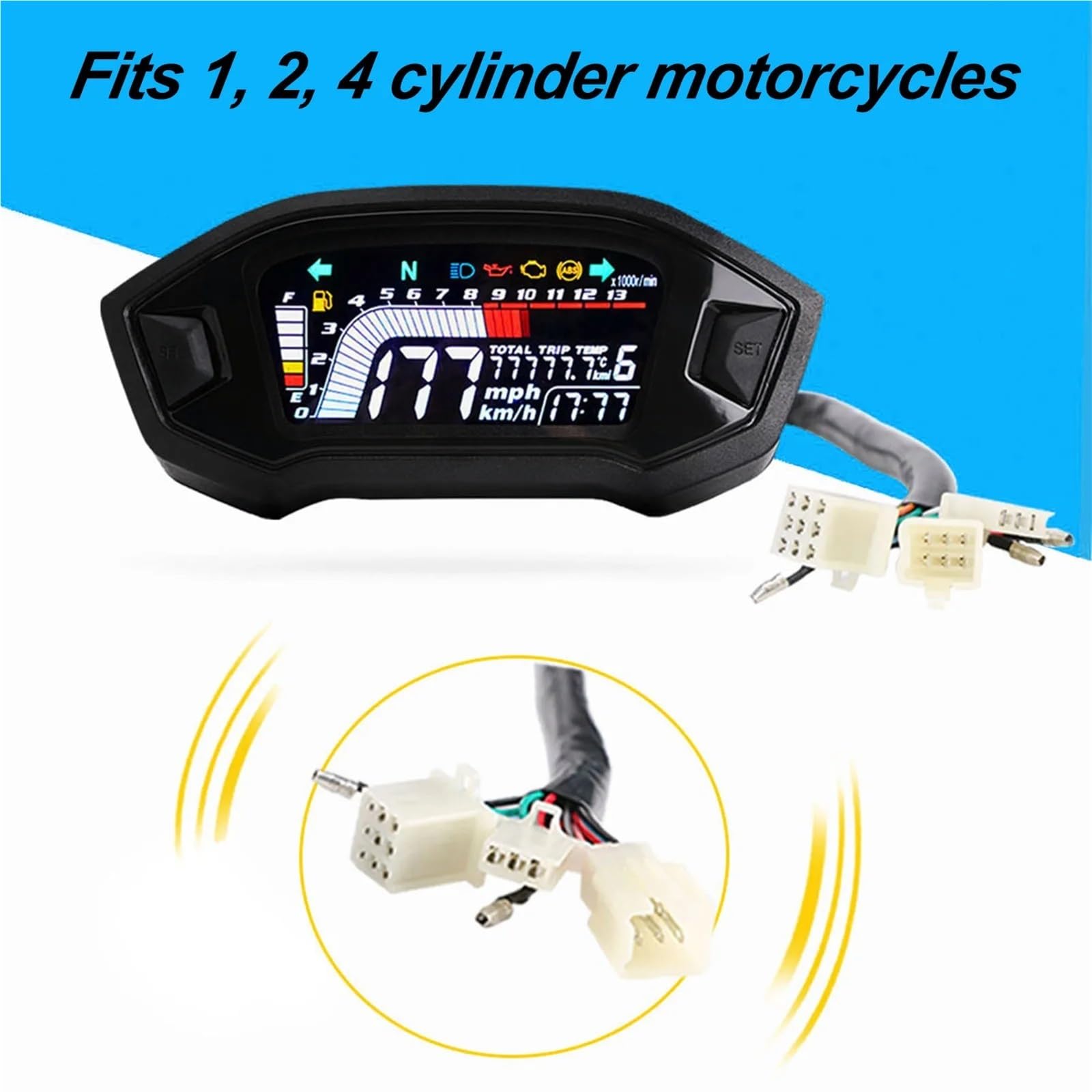 Prędkościomierz motocyklowy Licznik prędkościomierza motocyklowego, uniwersalny obrotomierz, cyfrowy wskaźnik LCD, miernik poziomu paliwa dla 1,2,4 cylindrów Prędkościomierz