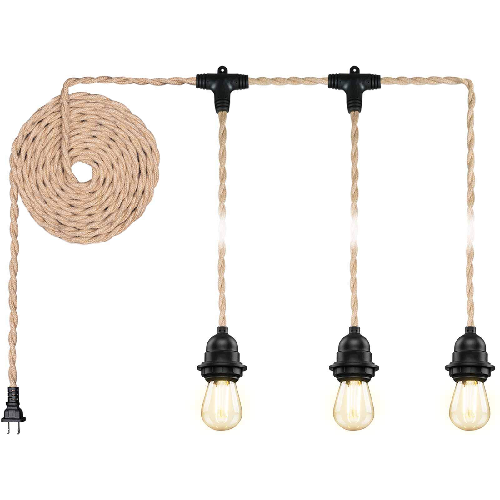 Industrial Triple Ceiling Pendant Light,Vintage Waterproof Hanging Light Kit Fixture with Plug in Hemp Rope Cord,DIY Outdoor Fireproof Chandelier for Garden,Backyard,E26, String light