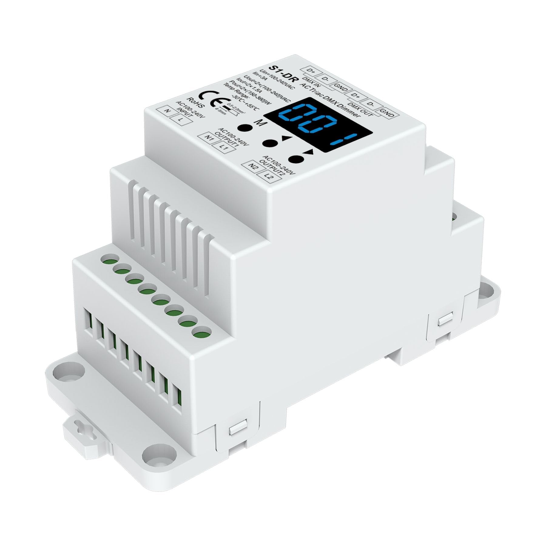 Dimmer DMX512 Triac 2 Canali, per Lampade LED Dimmerabili 220V Taglio di Fase, Driver Triac, Alogene e Incandescenza, 1,5A/CH, RDM, Guida DIN, S1-DR