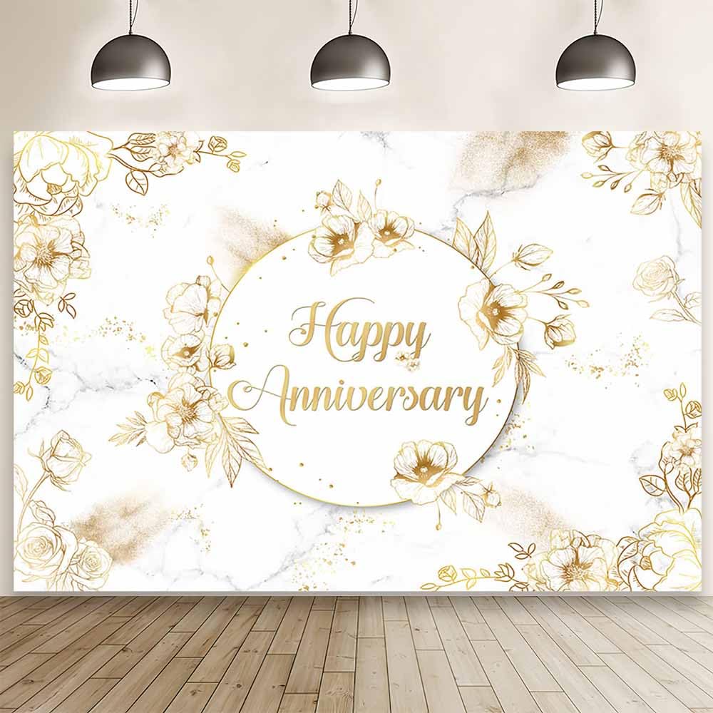 MEHOFOND 7x5ft Happy Anniversary Backdrop White Marble Floral Photography Background Indian Gold Geometric Wedding Bridal Shower Banner Women Birthday