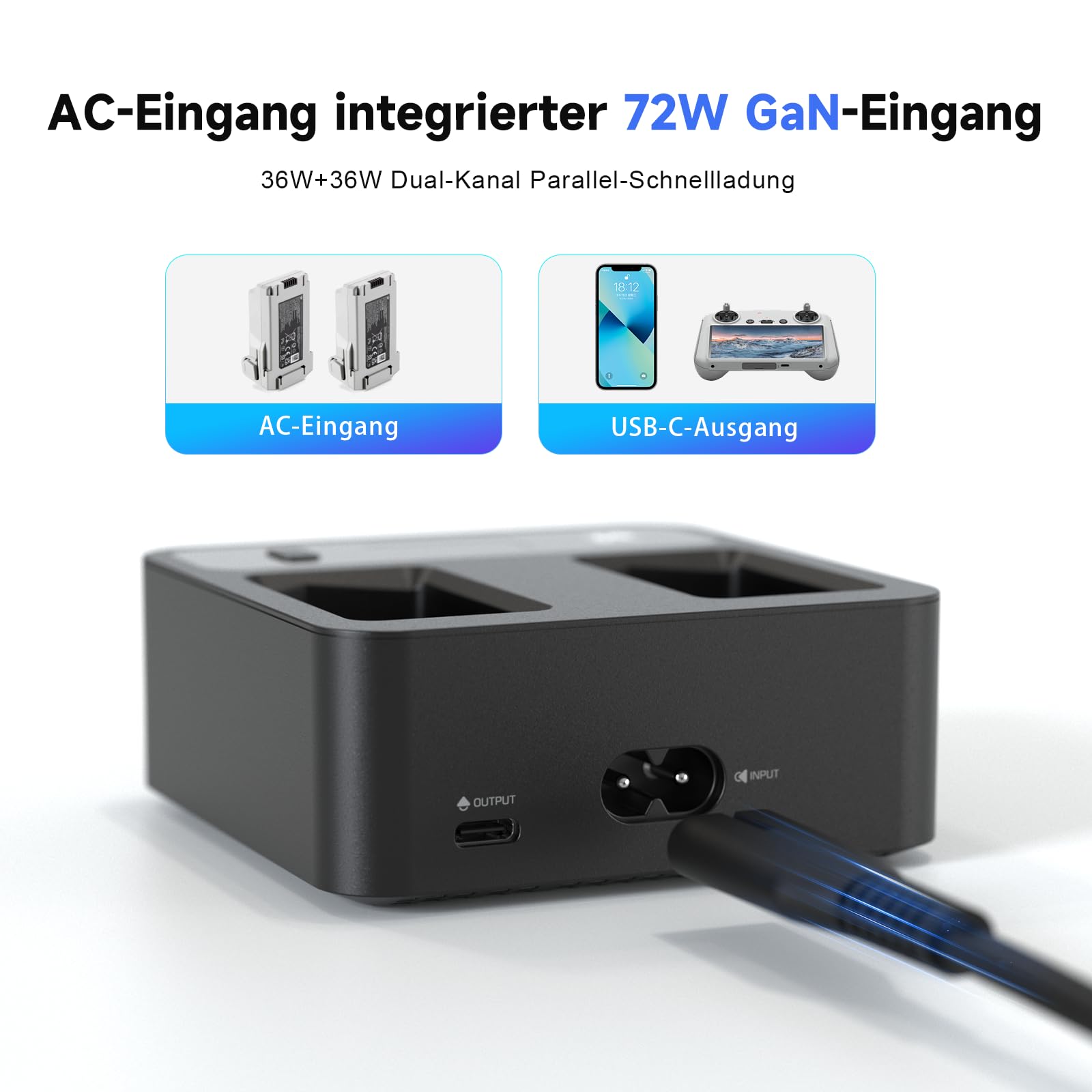 LIMETA MC234AC Hub de charge intelligent de batterie 72 W – Charge rapide à double port, technologie GaN, affichage d'écran HD, contrôle par application, pour DJI Mini 3/4/4 Pro