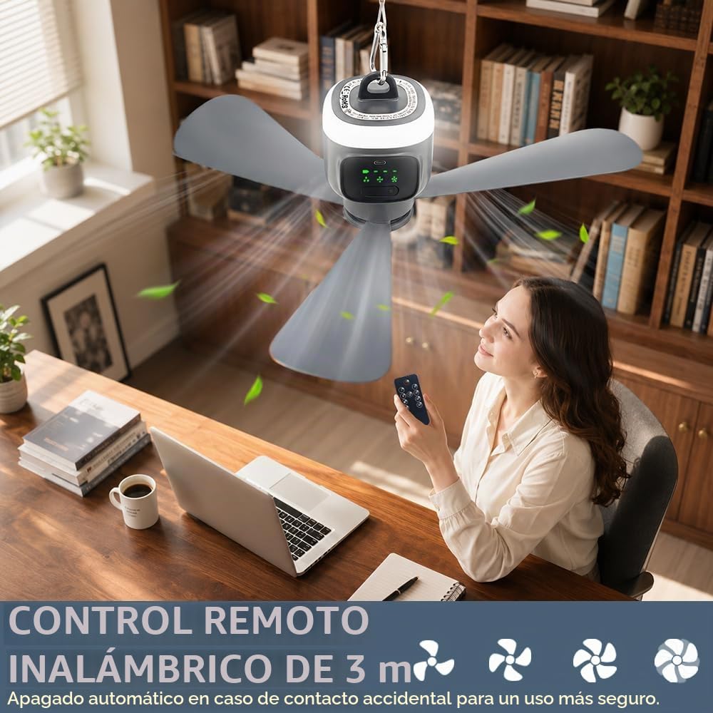 Lámpara Ventilador Techo con Luz LED,12000mAh Batería,USB,Temporizador