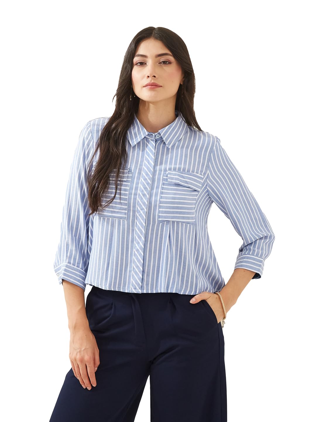 Latin Quarters Women Blue Collared 3/4Th Sleeves Striped Casual Shirt-picture-14