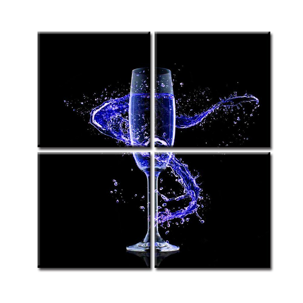 Wine Splash Art- Blue Wine Glass on Black Canvas Art Prints for Modern Dining Room Decor in 4 Pieces (12x12inchx4(30x30cmx4), Blue)