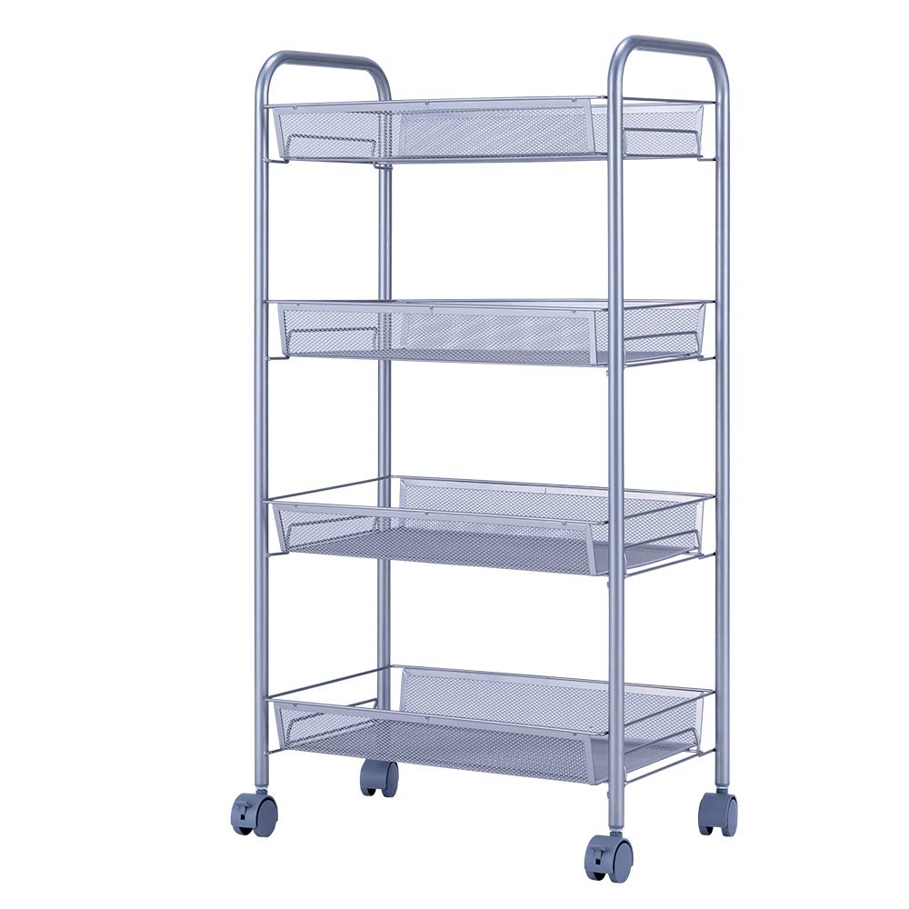 SINGAYE 4 Tier Metal Rolling Cart, Metal Storage Cart, Utility Cart, Silver