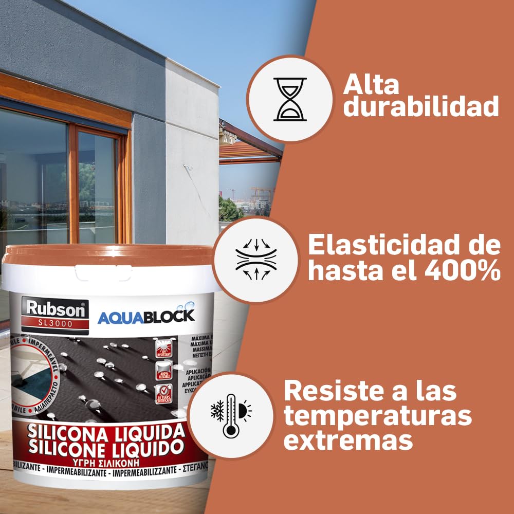 Rubson Aquablock Silicone Liquido SL3000, Facile e Sicuro da Usare, per Impermeabilizzazione e Riparazione di Tetti e Coperture Piani e Inclinati, Guaine, Fioriere, Terracotta, Secchio 5kg