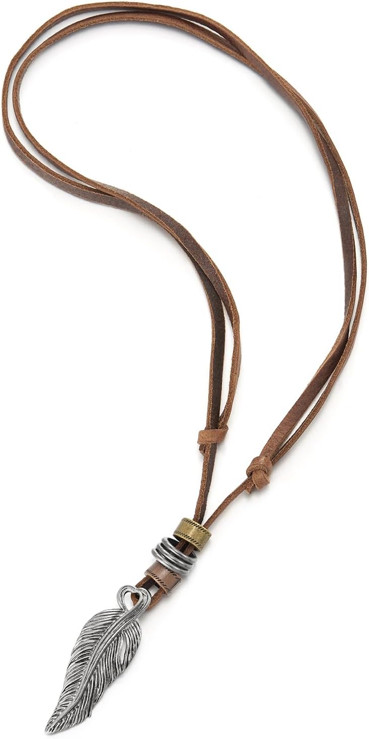 COOLSTEELANDBEYOND Retro Style Feather Pendant Unisex Necklace for Mens Womens with Adjustable Brown Leather Cord - Image 3