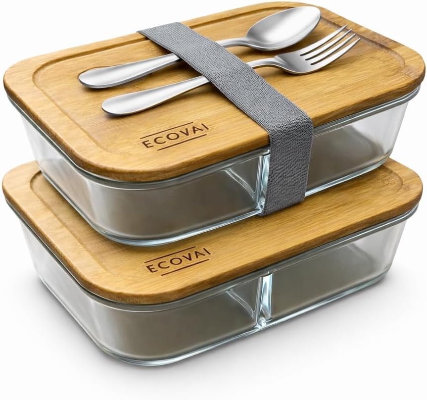ECOVAI Glass Bento Box (2 Pack) LARGE 3-Compartment Portion Control Glass Meal Prep Containers with Bamboo Lid, Leakproof Silicone Seal, Borosilicate Glass, Microwave Safe Lunch Box/Tupper