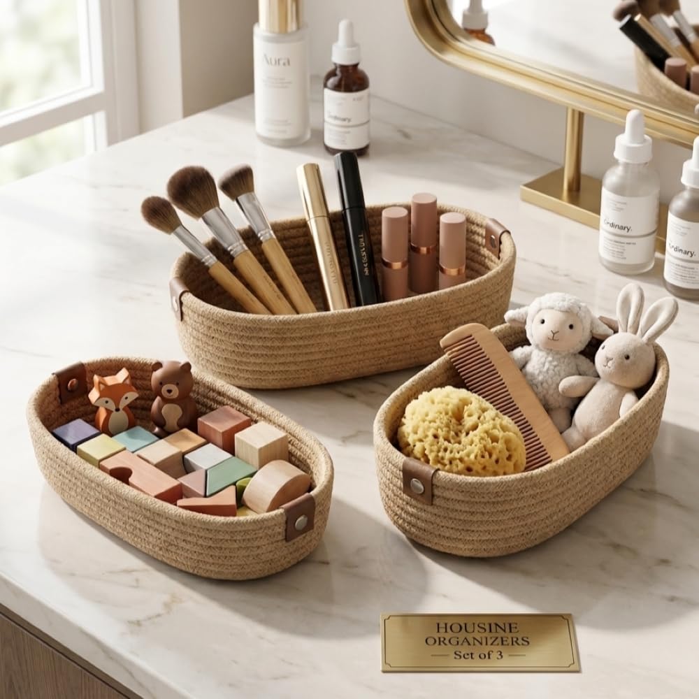 Small Round Cotton Rope Storage Basket, Hand-Woven, Foldable Organiser Bin for Toys, Clothes, small Towel, Living Room, Bathroom (26 cm x 13 cm x 6 cm - 3 psc - Beige)-image-37