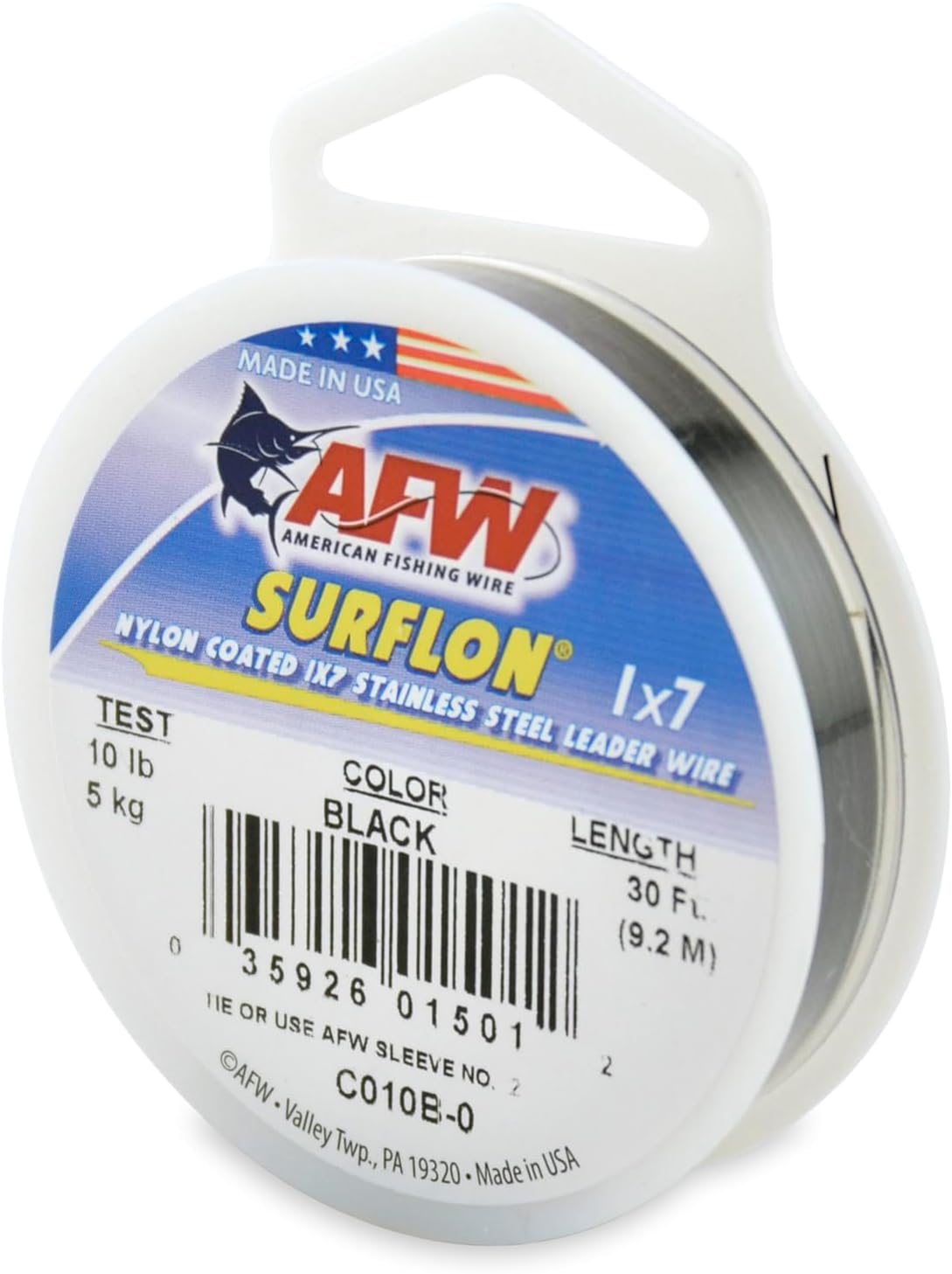 American Fishing Wire Surflon Nylon Coated 1x7 Stainless Steel Leader Wire, Black Color, 10 Pound Test, 30-Feet