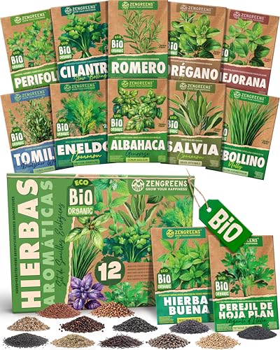 ZenGreens® - Set de semillas de hierbas bio - 12 variedades para cultivar fácilmente en el jardín, balcón o parterre elevado - Plantas aromáticas - Sementes verduras