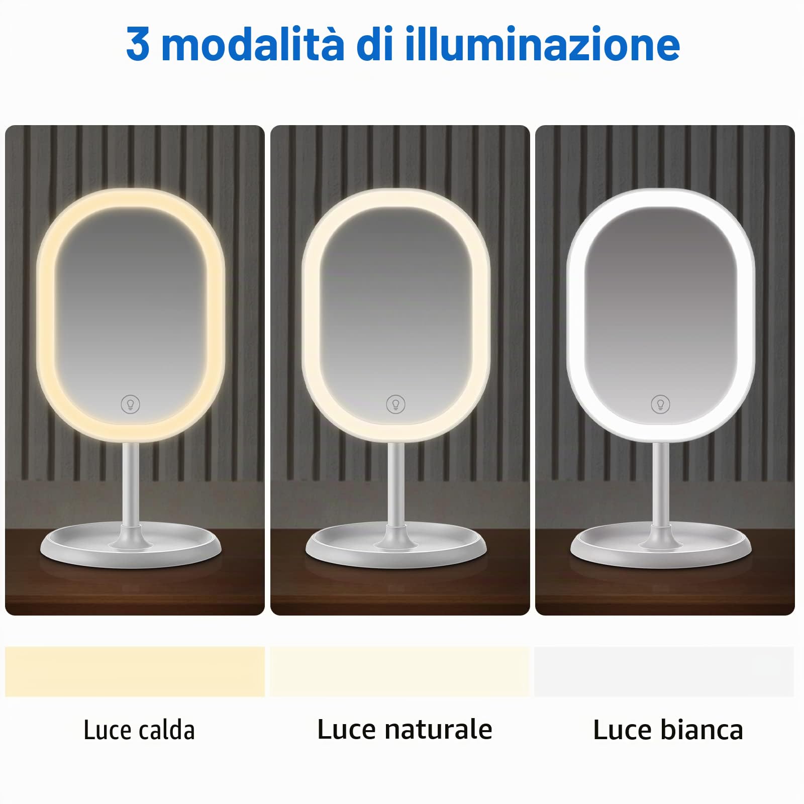 Specchio da trucco a LED, specchio ingrandente 5X staccabile, regolazione di illuminazione intelligente und ricarica USB, specchio da tavolo pieghevole a 180 °, regalo perfetto per un amico