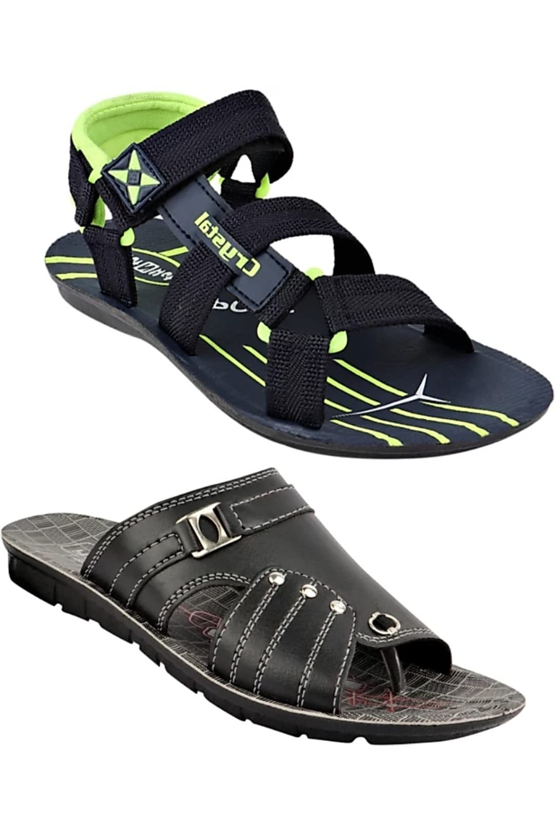 RAYS Men's PVC Sole Synthetic Leather Black Slippers With Green Sandals/Floaters In Combo Pack