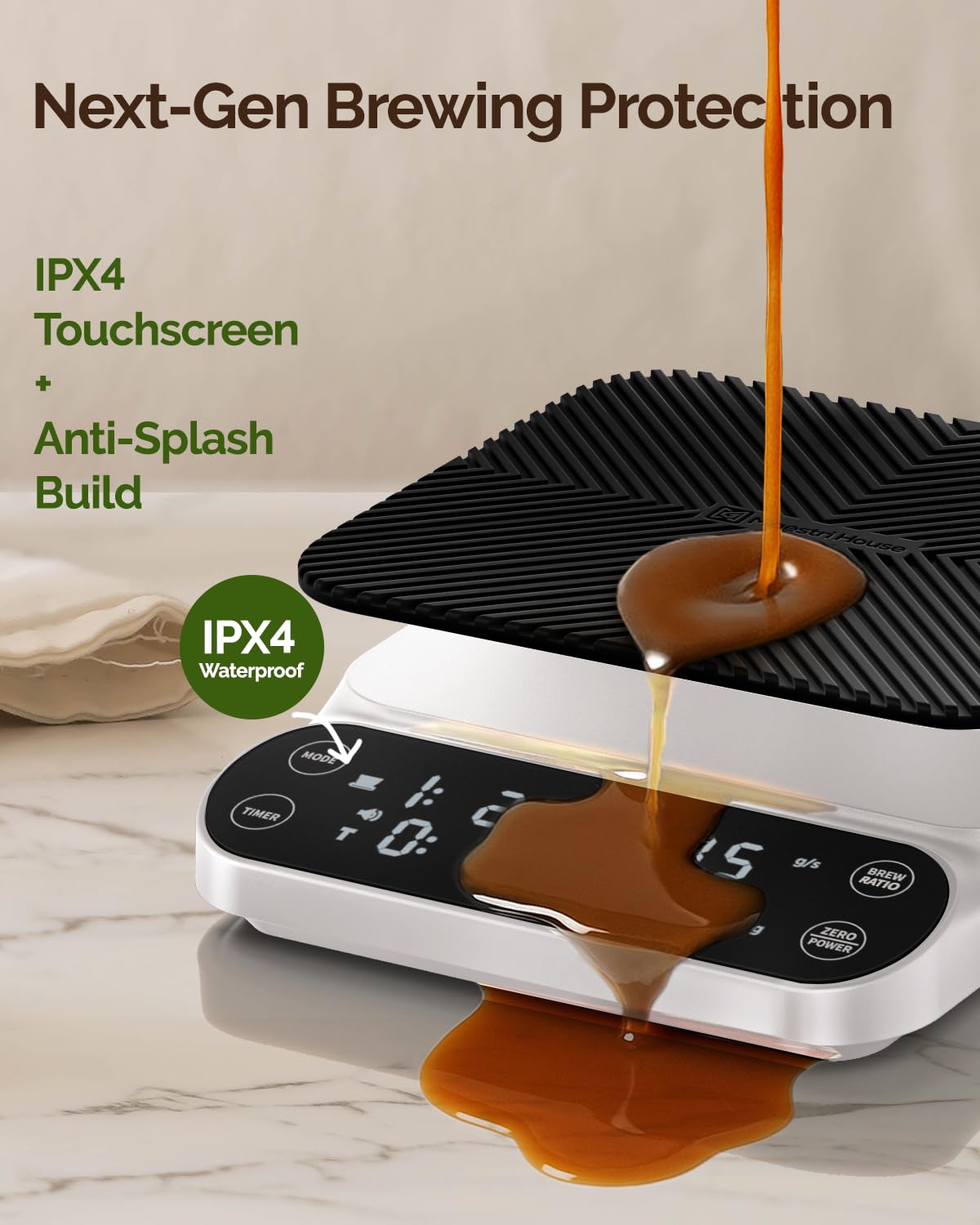 Maestri House S3 Balance à café avec minuteur, 3 kg/0,1 g, balance numérique rechargeable, 3 modes d'infusion, rapports réglables et affichage du débit, qualité barista pour verser, expresso