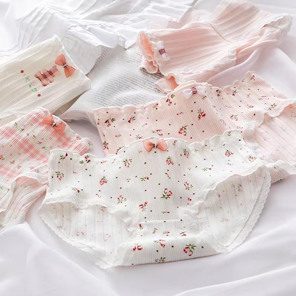 5 Pack Women Teens Pink Cotton Brief Japanese Kawaii Anime Lolita Panties Underwear Bikini Panty Set