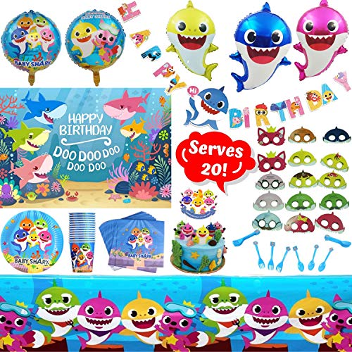 Baby Shark Birthday Party Decorations Kit - 124 Piece Shark Themed Party Supplies Set for Boys | Party Favors Include Disposable/Reusable Tableware Kit, 3' x 5' Photo Backdrop, Happy Birthday Banner, Shark Party Headbands and Balloons | Serves 20 Guests