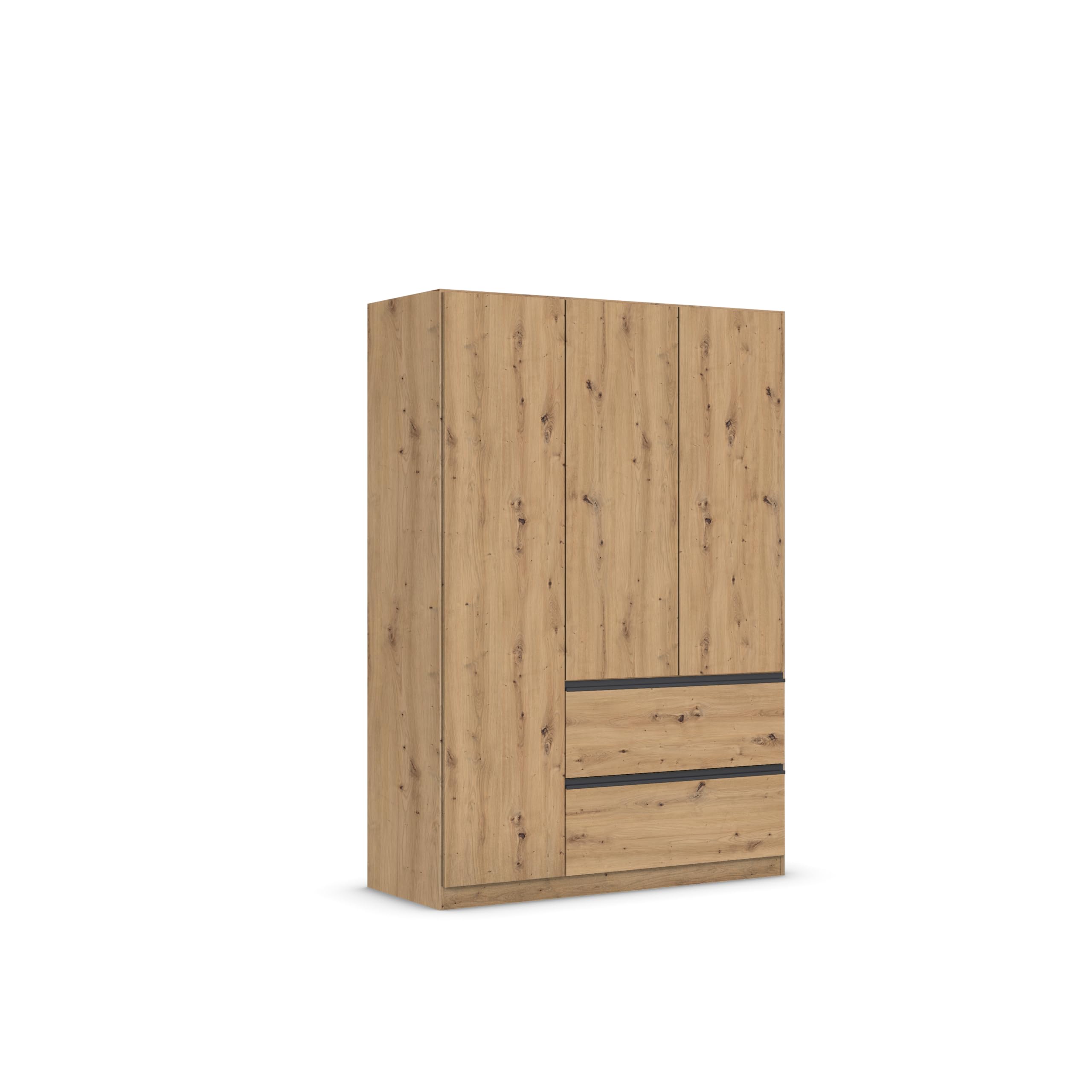 Rauch Möbel Costa, Kleiderschrank für Schlafzimmer, Kinderzimmer, Babyzimmer, Flur, 3-türig, 2 Schubladen, Push-to-Open, Farbe Eiche Artisan, Holz, Griffprofil Grau metallic, Breite 136 cm