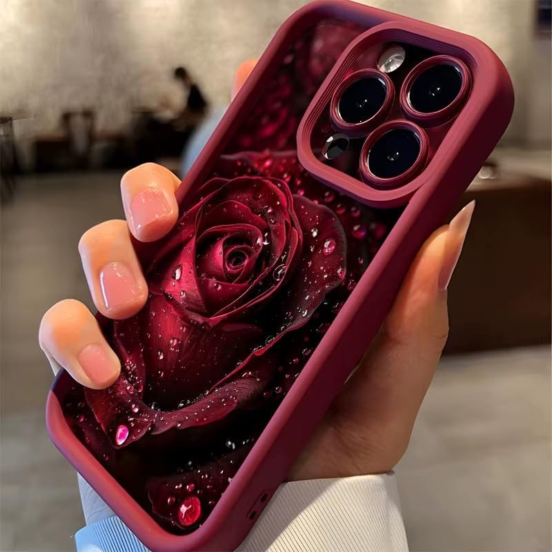 Image of COVERLY Red Rose Water Back Case for iPhone 12 Pro | 3D Gorgeous Raindrop Flower Cute Design | Camera Lens Protection | Soft TPU Silicone Aesthetic Print Cover for Girls & Women (Red, Shockproof)