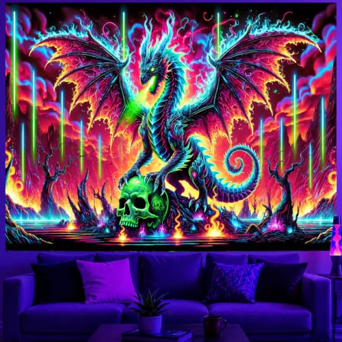 Image of BlissYard Dragon Tapestry Blacklight Tapestry 78x59 Inch UV Wall Hanging | Dragon Tapestry with Neon Dragon Skull Fantasy Scene for Gaming Room Bedroom Dorm and Trippy Wall Decor