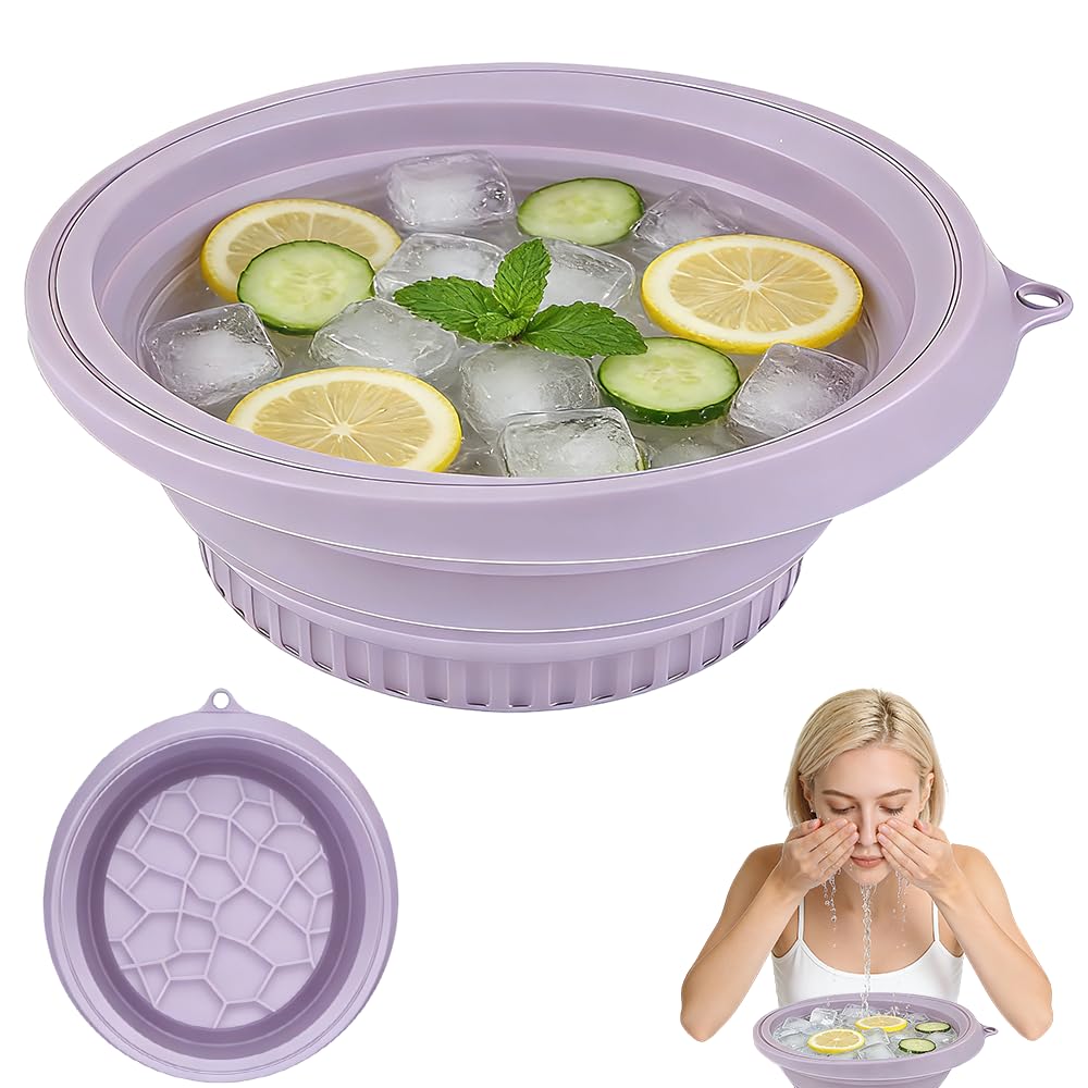 XEERUN Ice Bowl for Face, Foldable Facebowl with Built-in Icetray, Quick Cooling Facial Washing Basin, for Puffiness Relie f& Soothe Skin, Portable Wash Basin for Home or Travel Use, Purple