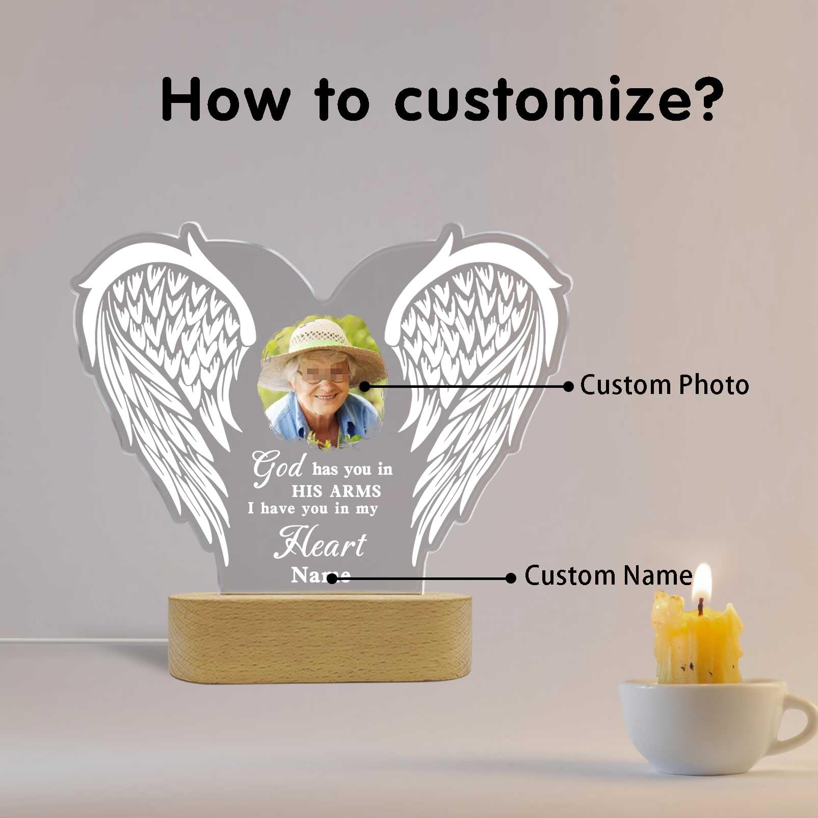 Dicodes Personalized Memorial Gift Photo Night Light Customized Light Up Acrylic Plaque Lamp Sympathy Bereavement Remembrance Gift(Love Wings)
