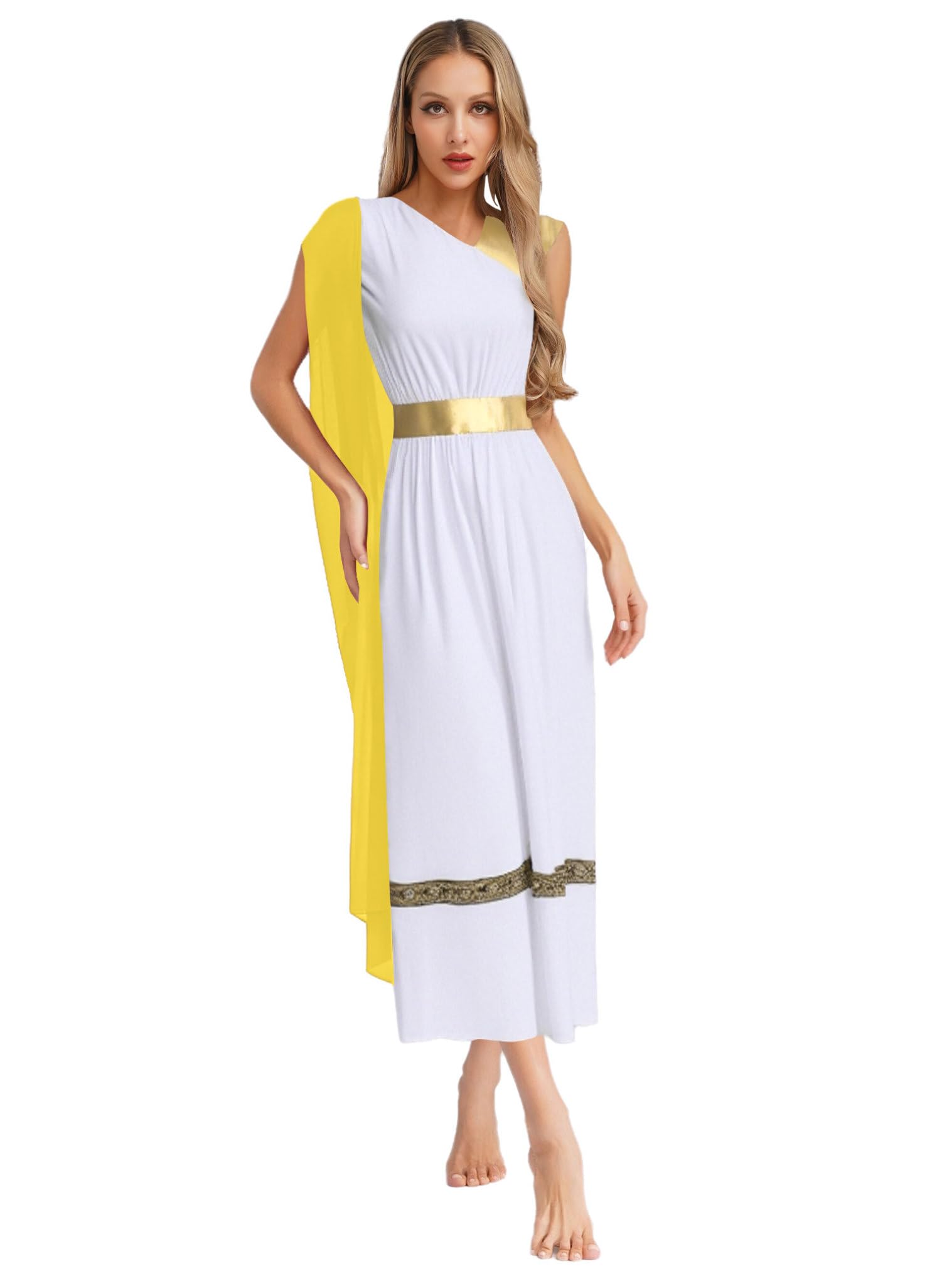 JEATHA Women Greek Princess Costume Sleeveless Tunic Dress Golden Roman Empress Ancient Toga Robe Halloween Costume Yellow XXL