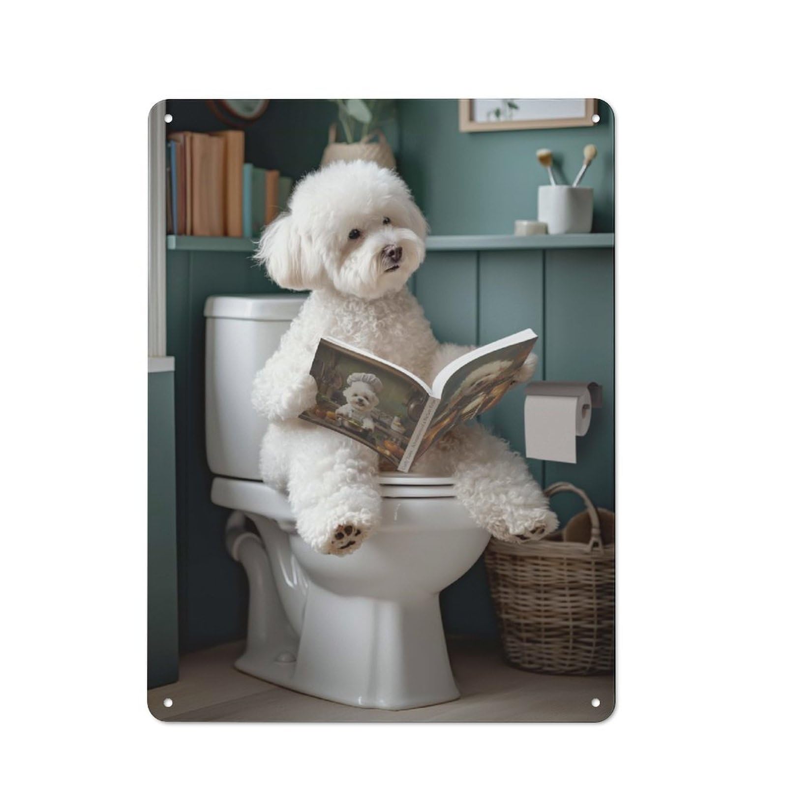 Junmoney Bichon Frise On The Toilet Metal Sign 40X30cm With For Pub Or Café, Retro Decor, For Cooler-Month Interiors With Retro Character
