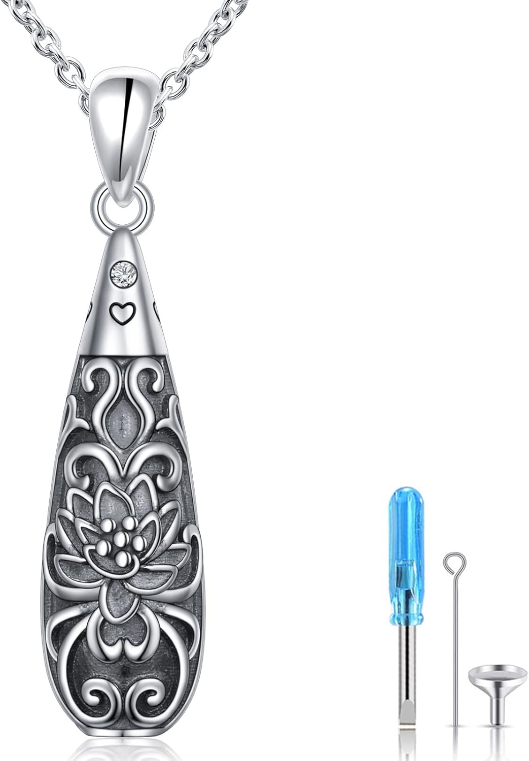 Flower Urn Necklace for Ashes 925 Sterling Silver Cylinder Bar Teardrop Shaped Tree of Life Necklaces Cremation Jewelry Ashes Pendant Loved One Keepsake Memorial Jewelry for Women