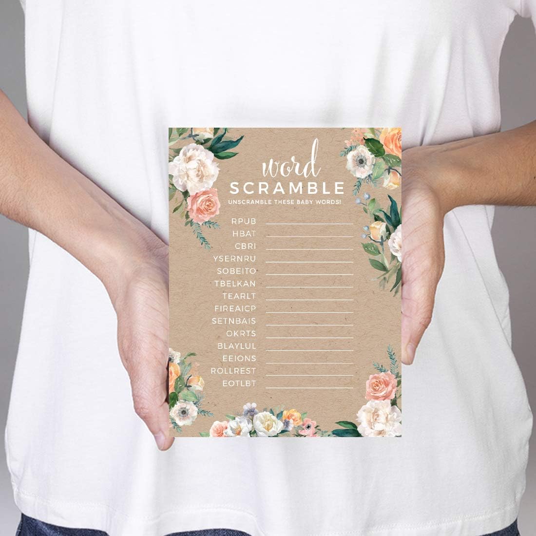 Andaz Press Peach Kraft Brown Rustic Floral Garden Party Baby Shower Collection, Word Scramble Game Cards, 20-Pack, Games Activities and Decorations