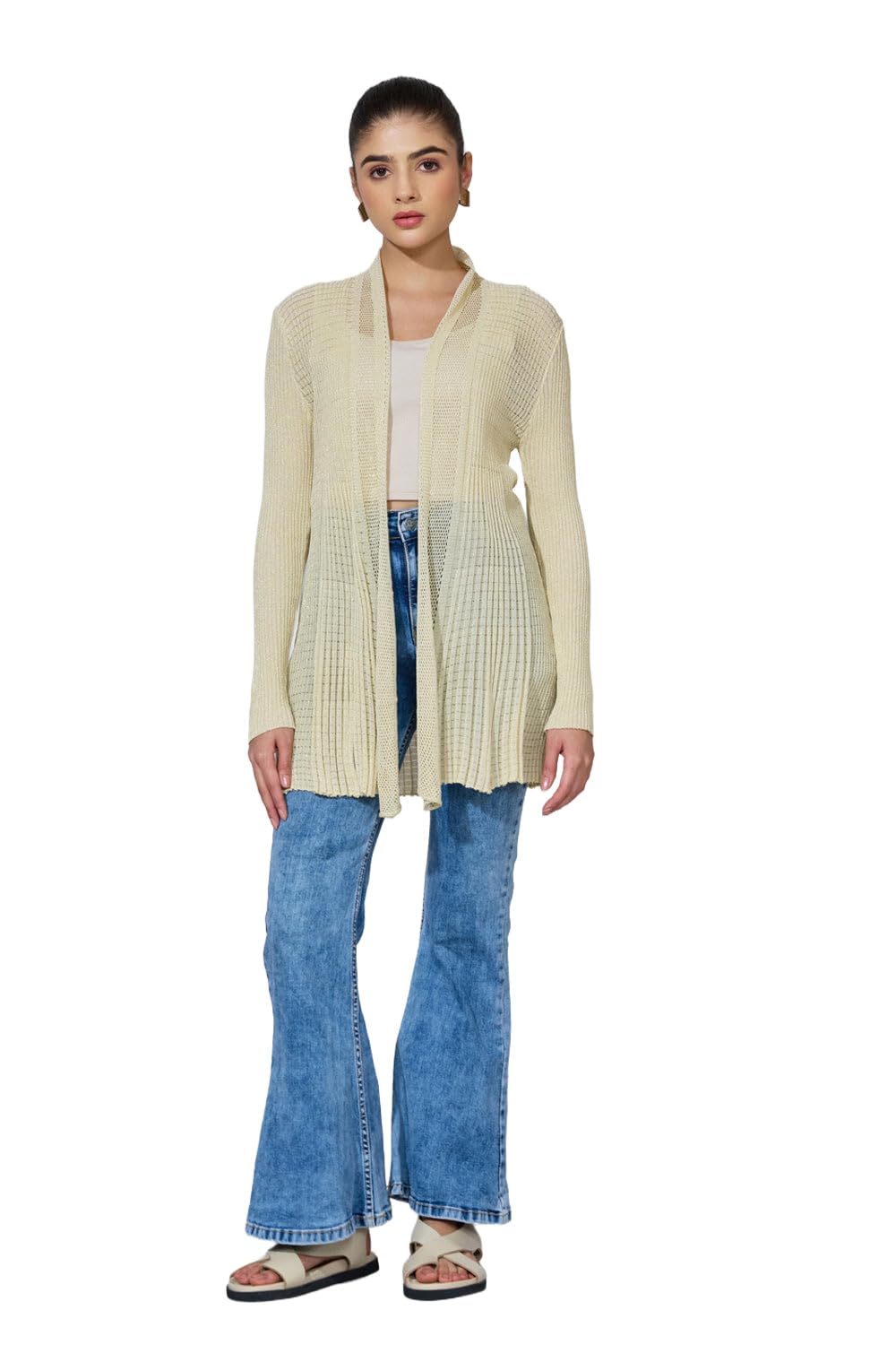showoffff Women Textured Front-Open Shrug | V Neck Full Sleeves Ribbed Shrug's for Womens | Longline Shrug for Women's Beige-L-picture-34