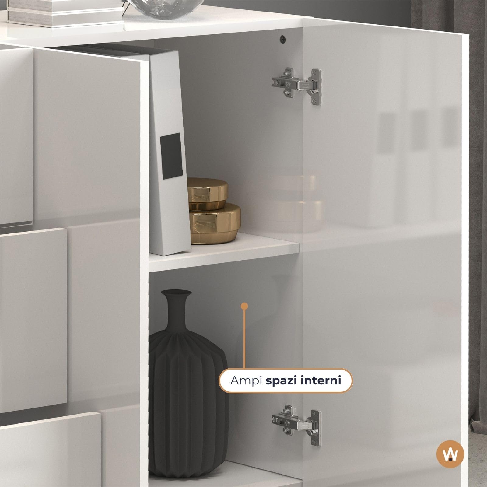 WHOUS Credenza e Buffet EGYPT per Soggiorno con 4 Ante e 3 Cassetti, Madia per Salotto, Cucina e Sala da Pranzo in Legno, 200x40x80 cm, Bianco Laccato Lucido