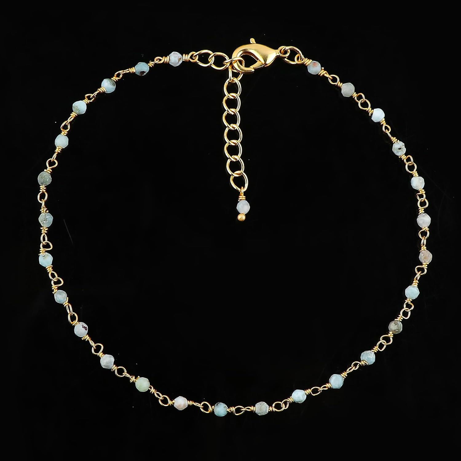 Natural Larimar Beaded Rosary Anklet, Handmade Craft, Anklet Beads Bracelet, Chakra Healing Anklet, Gemstone Women Jewelry, Dainty Gold Plated Anklet 9 inch + 1.5 inch - Image 2