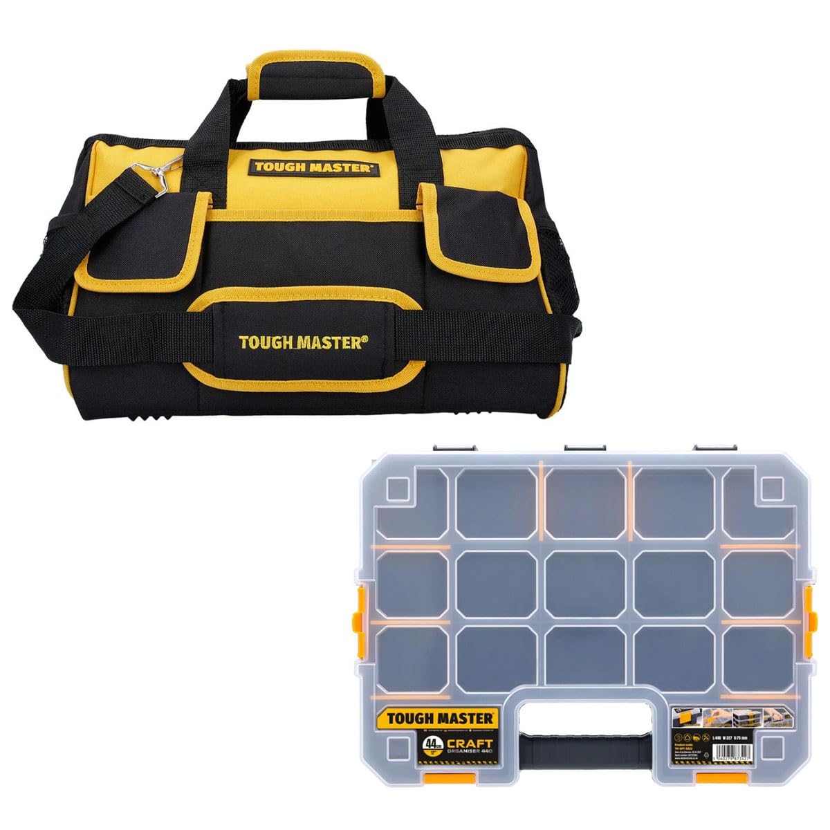 Tool Bag 16" Inch Heavy Duty Large Nylon Smart Tool Storage Bag Organiser 8 Outer & 19 Inner Side Pockets with Removeable/Adjustable Shoulder Strap TOUGH MASTER (With 17 Inch Organiser)