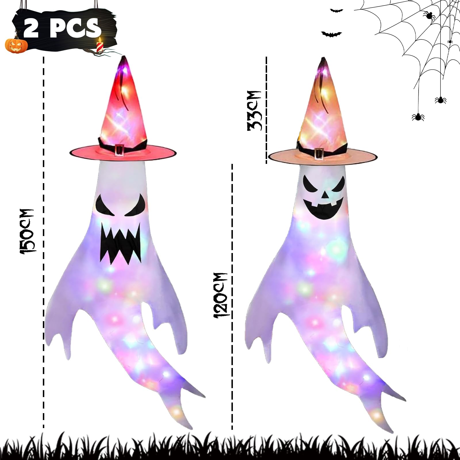 Halloween duchy potwór, 2 sztuki wiszących wiatraków, dekoracja na Halloween, do użytku na zewnątrz, do wnętrz, horror, wisząca skarpeta z kolorowymi światłami LED, dekoracja Halloween, imprezę,