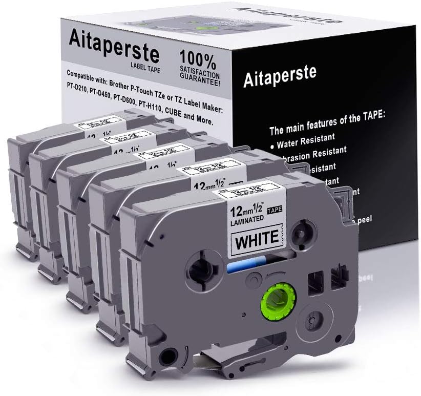 Aitaperste Compatible Label Tape Replacement for P Touch Tapes TZ TZe-231, Laminated 12mm 0.47 Black on White Compatible with Brother Label Maker PT-D210 D450 D400 1280 H110, 5 Pack, 131 Feet