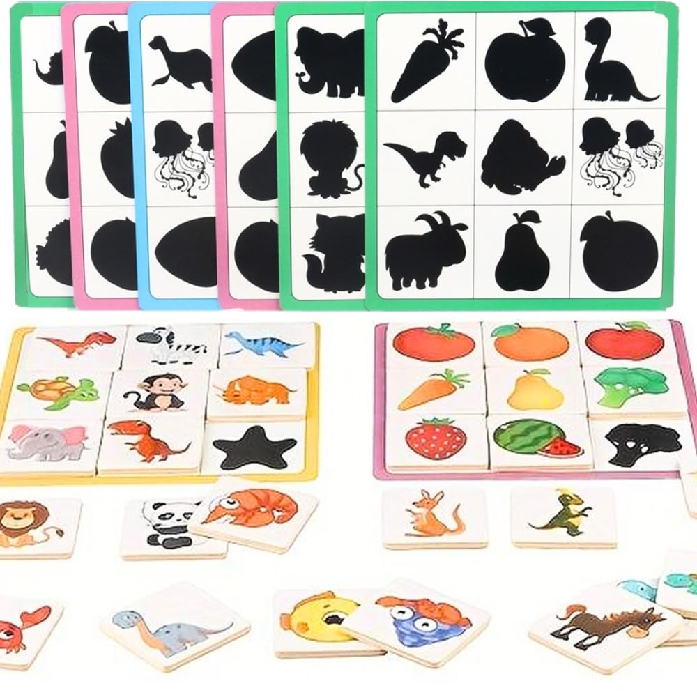 Puzzle Niños 1, 2 y 3 años, Juguetes Montessori Madera, Puzzles Infantiles, 6 Tarjetas y 36 Piezas Madera para Rellenar Sombras, Juegos Montessori, Rompecabezas Educativos y Divertidos, Bebés y Niños