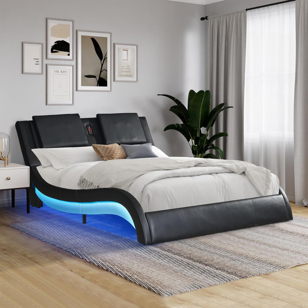 Nevoc Queen Bed Frame Wth LED Lights, Faux Leather Headboard Heavy-Duty Upholstered Platform Bed, Bluetooth Connection to Play Music Control (Black)