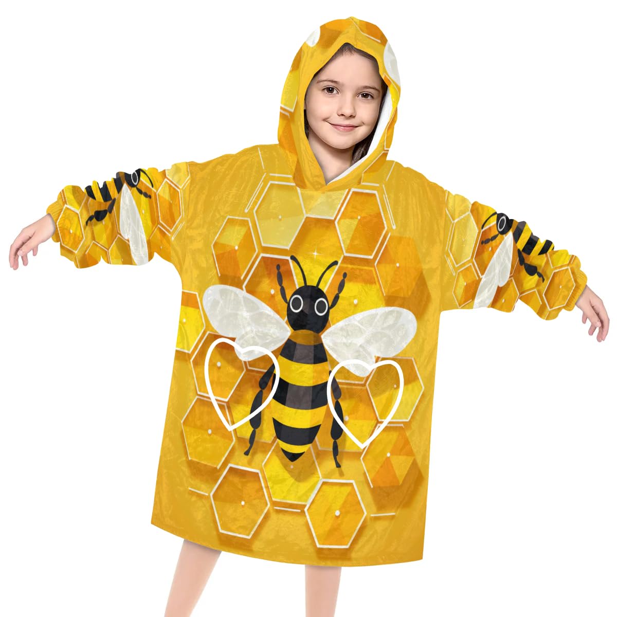 Wearable Blanket Hoodie for Kids, Golden Bee Fleece Sweatshirt Blanket Oversized Blanket Sweatshirt with Pocket Flannel Warm Hooded Blanket 6-10 Year Old Girl Boy Gift, One Size