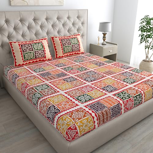 Image of JAIPUR PRINTS 100% Cotton Bedsheet for Double Size Bed with 2 Pillow Cover Rajasthani Jaipuri Printed 90x100 inch 235x215 cm (Red)