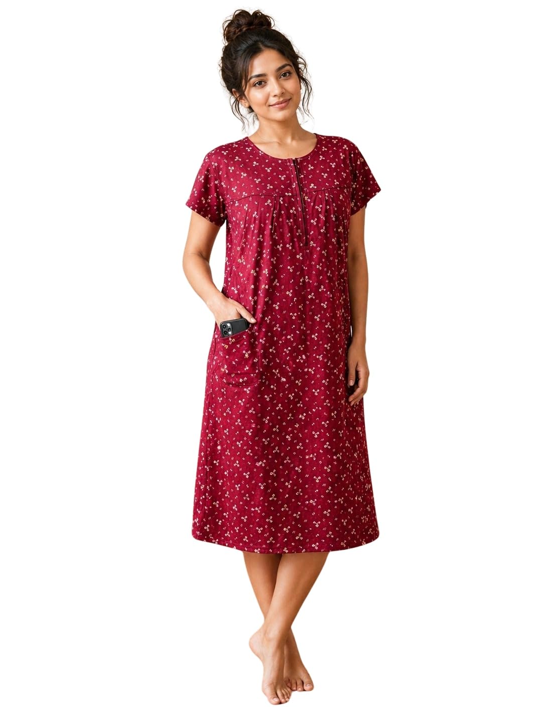 karthav fashion Women's Cotton Sinker Nighty with Side Pocket, Floral Print, Short Sleeve, Midi Length | Length 41 Inch |-picture-29