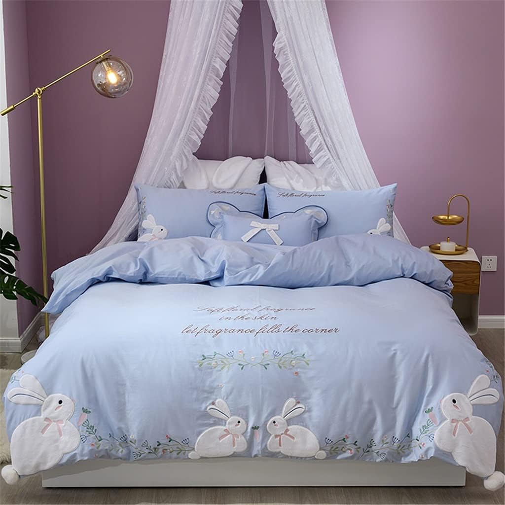 60S Long-Staple Cotton Rabbit Appliqué Embroidered Four-Piece Girl Heart Hair Ball Quilt Cover Pure Cotton Bedding (Colour: Green Size: 2m) (Blue 2m)