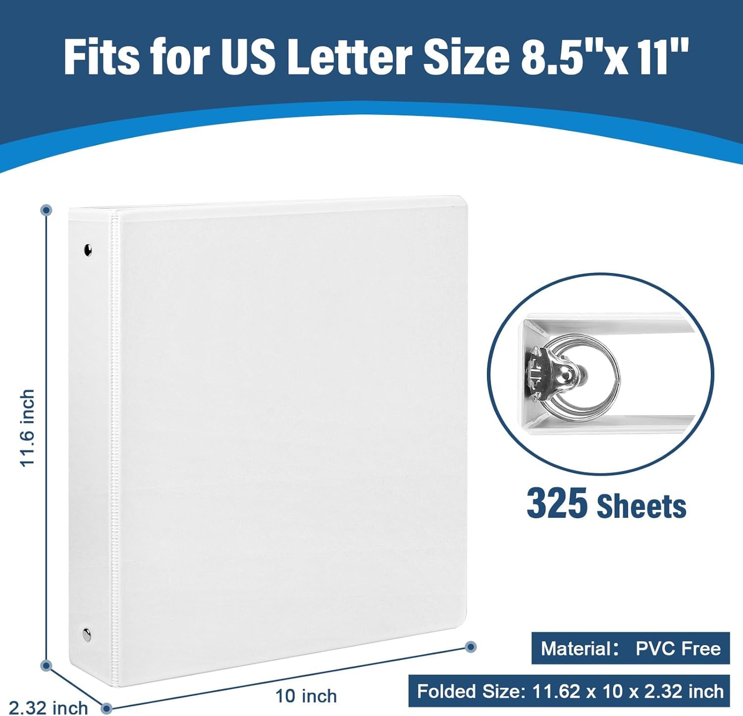 Bulk - Confezione da 10 raccoglitori a 3 anelli da 3,8 cm, con tasche, 3,8 cm, di alta qualità, può contenere fino a 325 fogli, formato lettera US 21 x 28 cm, per ufficio/insegnanti/studenti (bianco