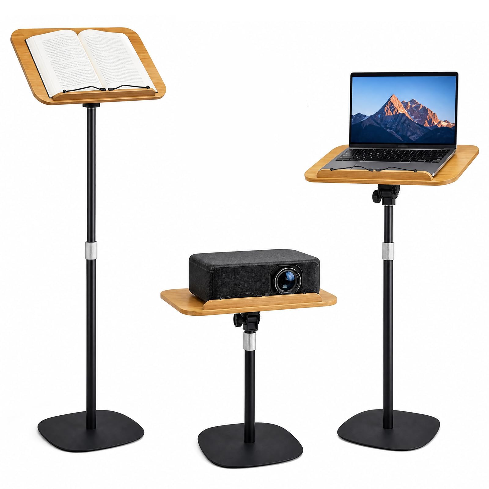 Supporto per libri da pavimento con graffette per pagina, altezza regolabile da 50 a 165 cm, supporto per ricette in legno, supporto per lettura a mani libere, per podio, laptop e proiettori