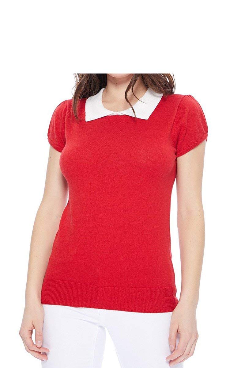 YEMAK Womens Knit Sweater Top Short Sleeve Contrast Collar Puff Shoulder Classic Casual Knitted Soft T Shirt Pullover