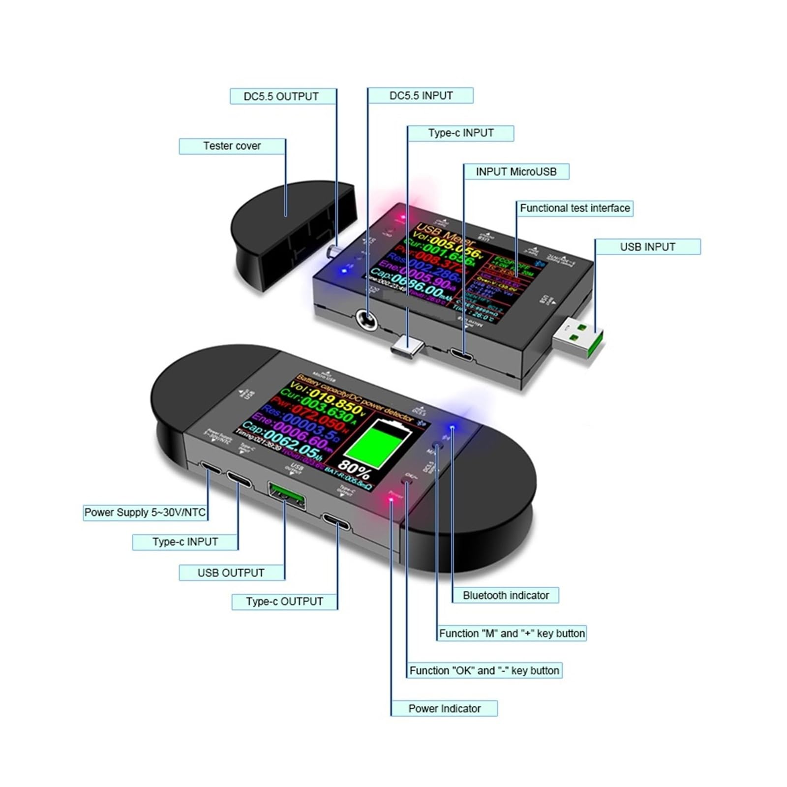2.4 calowy Tester USB DC5.5 Type-C woltomierz cyfrowy amperomierz Power Bank detektor napięcia dla ładowarek kabel Power Bank Szeroka kompatybilność(UD24 add 18pcs)