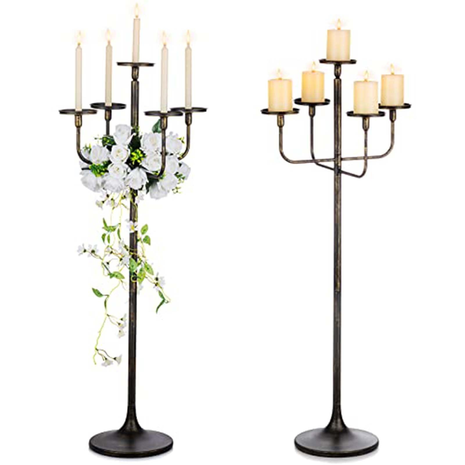 48inch Tall Candlestick Holders Floor Candelabra Black 5 Arms Candle Holders For Pillar Candles Flower Centerpiece Gothic Candles Holder For Funeral Ceremony Halloween Decor(2pcs)