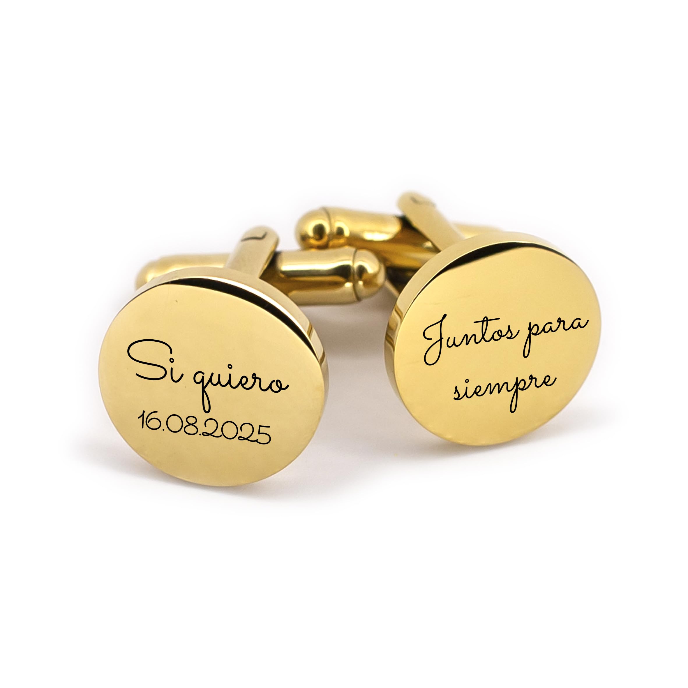Gemelos personalizados de acero inoxidable dorados, grabado personalizado para boda, fecha y texto customizable