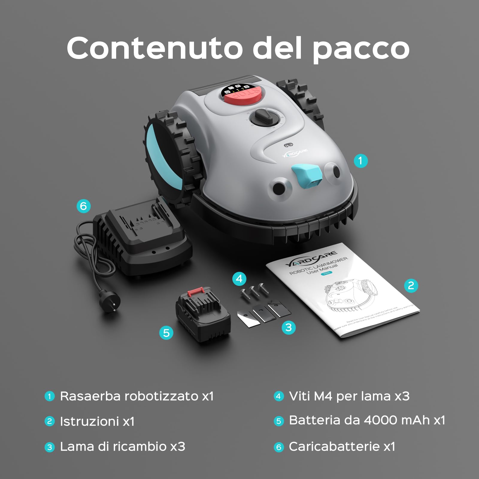YARDCARE V100 Robot Tagliaerba a Batteria con Navigazione Visiva, Rilevamento di 150 Ostacoli, Robot Tosaerba Elettrico Fino a 150 m², Robot Tosaerba Eelettrico con Taglio a Spirale, Lame di Ricambio